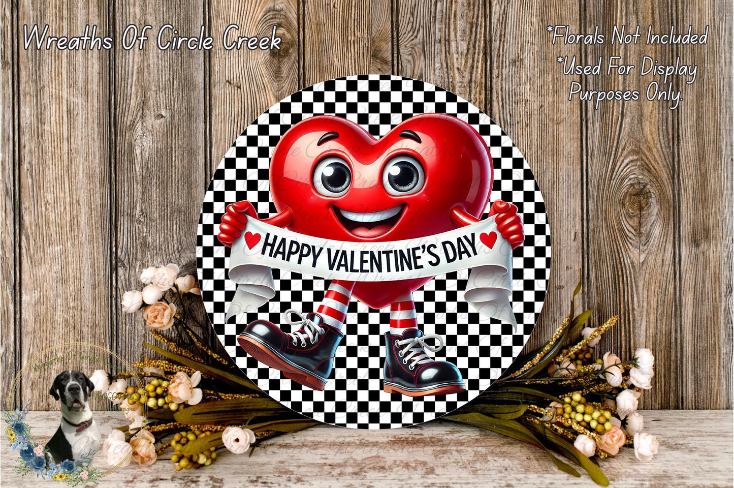 A red heart-shaped character holding a "Happy Valentine's Day" banner, surrounded by a floral arrangement and a wooden background.