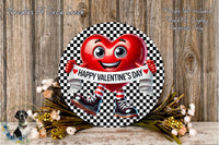 A red heart-shaped character holding a "Happy Valentine's Day" banner, surrounded by a floral arrangement and a wooden background.