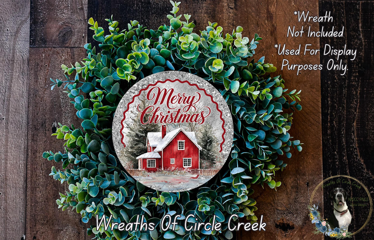 A wreath made of green leaves and a red house, with the text "Merry Christmas" and "Wreaths of Circle Creek" displayed on it.