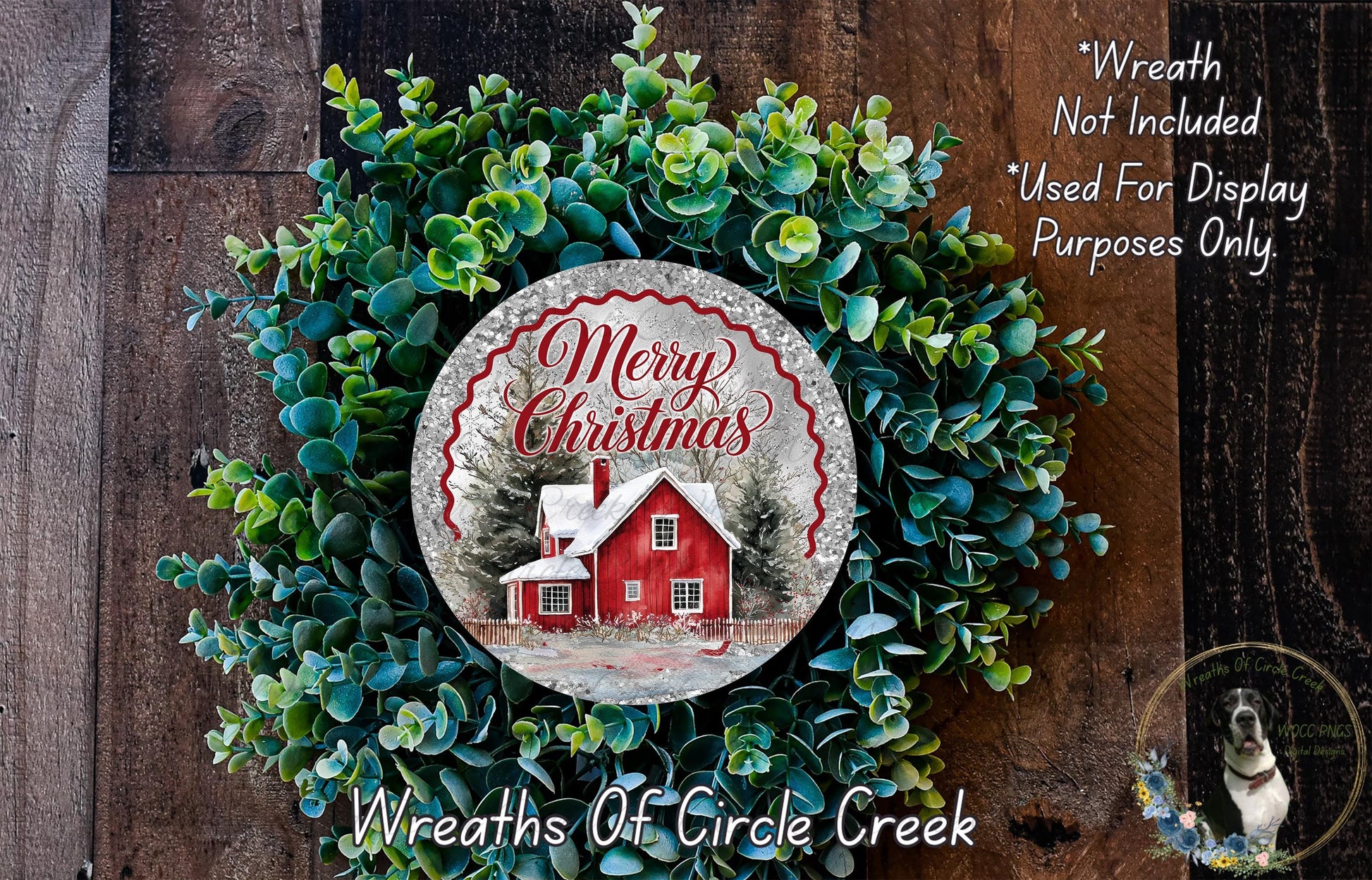 A wreath made of green leaves and a red house, with the text "Merry Christmas" and "Wreaths of Circle Creek" displayed on it.