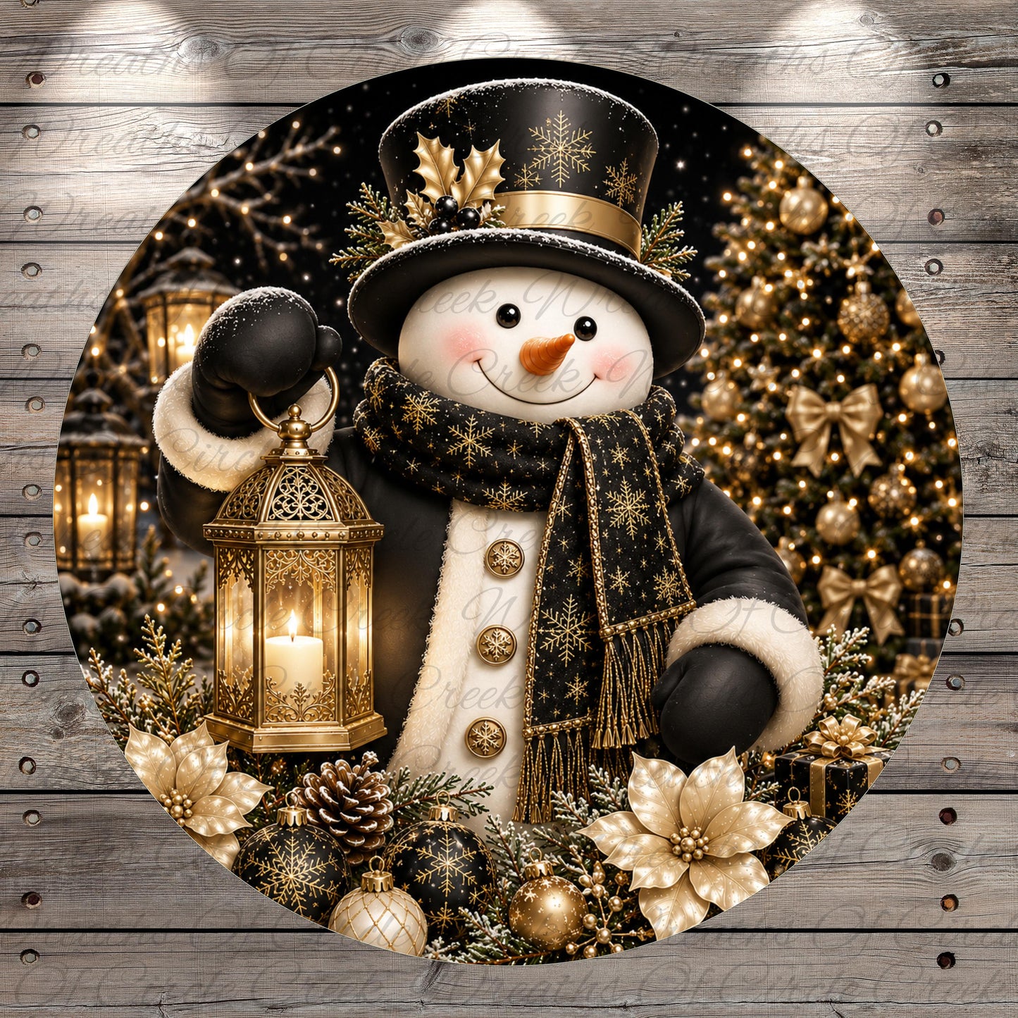 A festive Christmas scene featuring a snowman holding a lantern, surrounded by holiday decorations such as ornaments, pine cones, and a decorated Christmas tree.