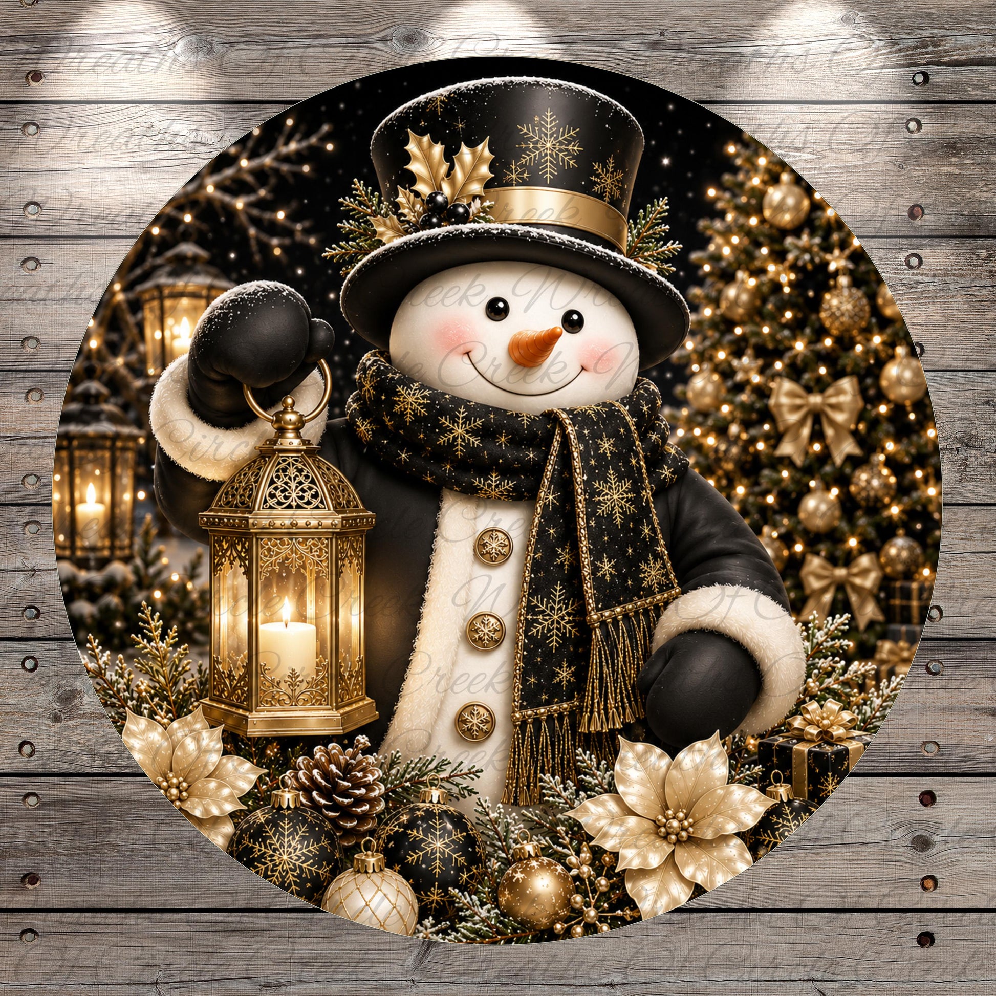A festive Christmas scene featuring a snowman holding a lantern, surrounded by holiday decorations such as ornaments, pine cones, and a decorated Christmas tree.