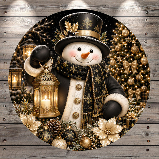 A festive Christmas scene featuring a snowman holding a lantern, surrounded by holiday decorations such as ornaments, pine cones, and a decorated Christmas tree.
