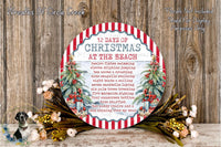 The image is a collage of Christmas-themed images, including a circular sign with the text "12 DAYS OF CHRISTMAS AT THE BEACH" and a wreath with Christmas decorations.