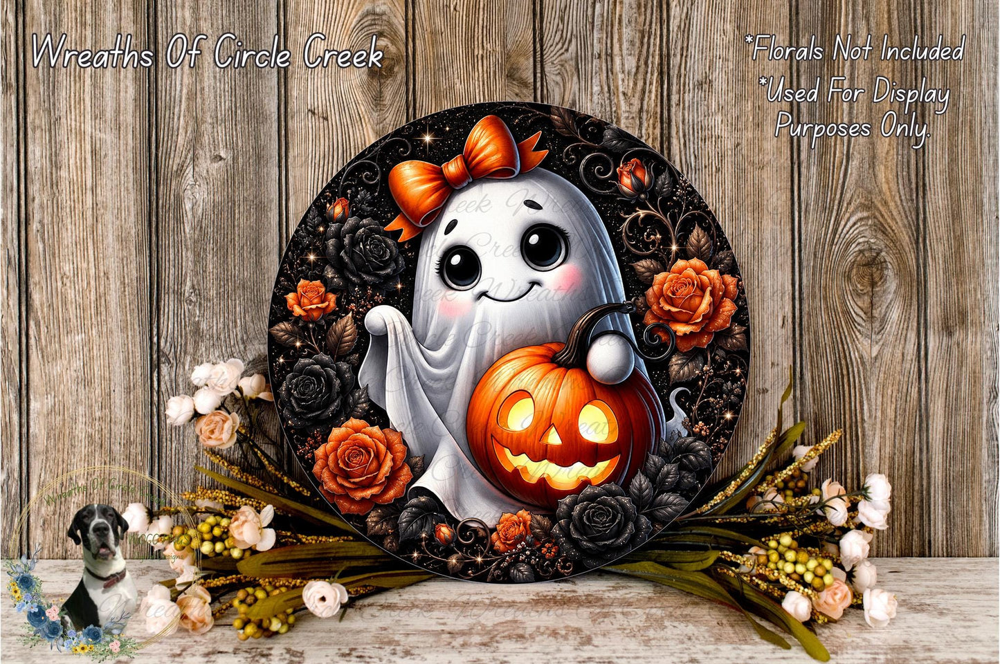 A Halloween-themed wreath featuring a ghost holding a carved pumpkin, surrounded by flowers and leaves.