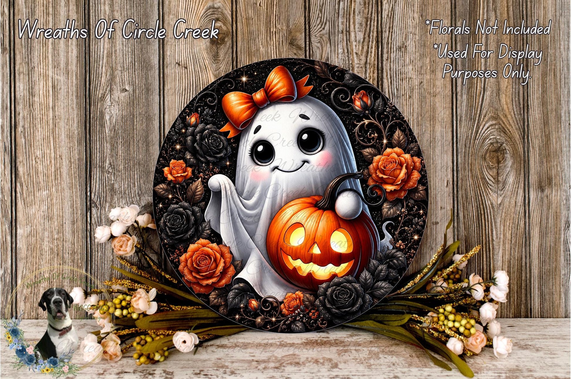 A Halloween-themed wreath featuring a ghost holding a carved pumpkin, surrounded by flowers and leaves.