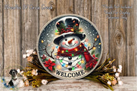 A snowman sign with a "Welcome" message, surrounded by a wreath of flowers and a wooden background.