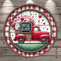 A red vintage truck with a sign that says "Special Delivery" is surrounded by a circular frame with a red and white checkered border. The truck is carrying a large bouquet of red roses and hearts, and the scene is set against a backdrop of a grassy field with trees.