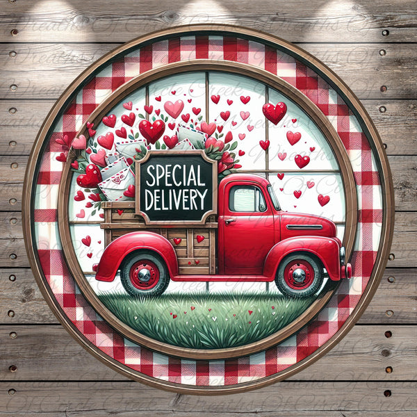 A red vintage truck with a sign that says "Special Delivery" is surrounded by a circular frame with a red and white checkered border. The truck is carrying a large bouquet of red roses and hearts, and the scene is set against a backdrop of a grassy field with trees.