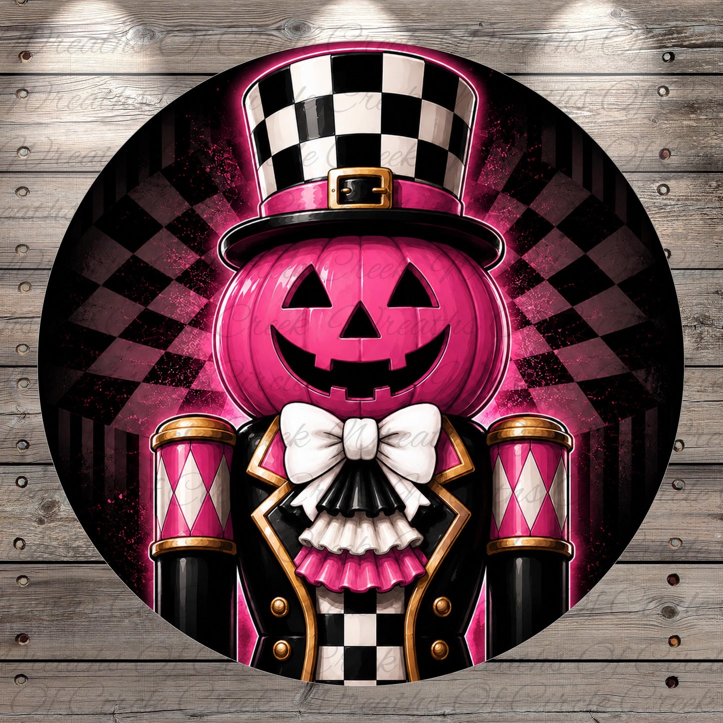 A whimsical illustration of a jack-o-lantern wearing a top hat and a black and white checkered suit, with a bow tie and a pink pumpkin face.