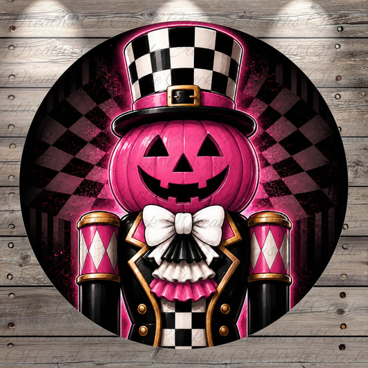 A whimsical illustration of a jack-o-lantern wearing a top hat and a black and white checkered suit, with a bow tie and a pink pumpkin face.