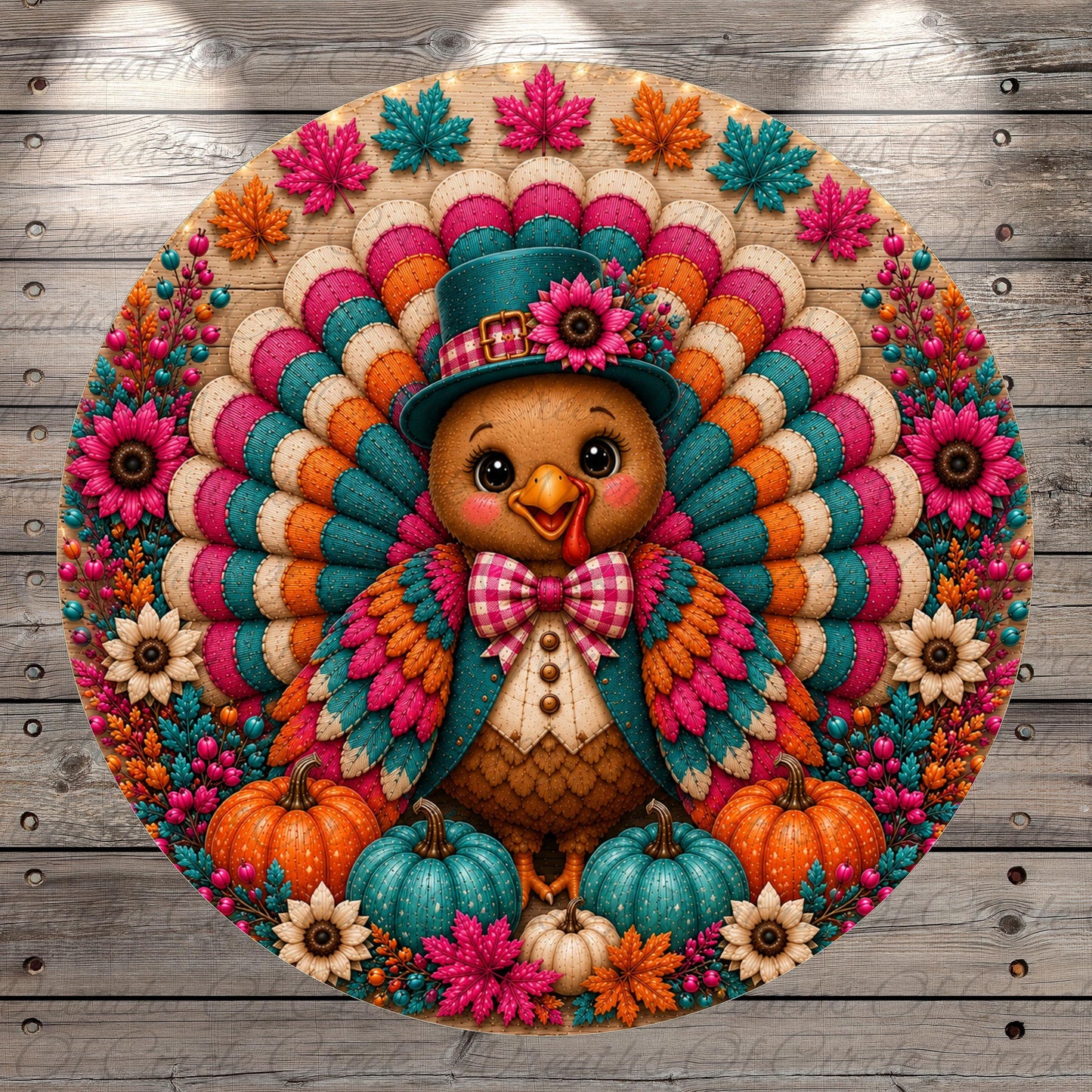 A colorful, festive Thanksgiving-themed illustration featuring a cheerful turkey surrounded by autumnal elements such as pumpkins, flowers, and leaves.