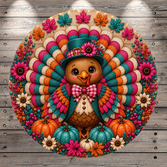 A colorful, festive Thanksgiving-themed illustration featuring a cheerful turkey surrounded by autumnal elements such as pumpkins, flowers, and leaves.
