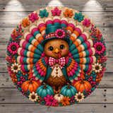 A colorful, festive Thanksgiving-themed illustration featuring a cheerful turkey surrounded by autumnal elements such as pumpkins, flowers, and leaves.