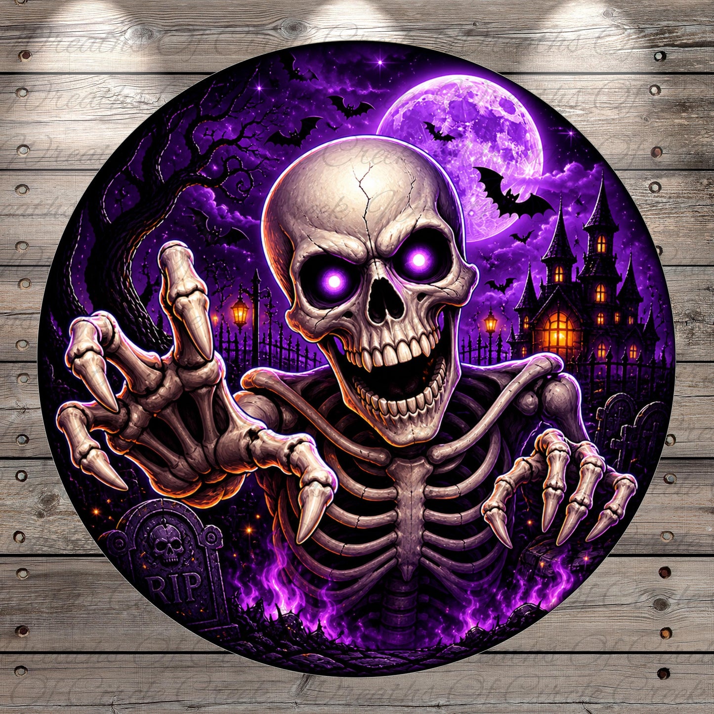 A spooky skeleton with glowing eyes and sharp teeth is prominently featured against a dark purple and black background, with bats flying overhead and a full moon in the distance.