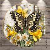 A detailed image of a butterfly resting on a bouquet of yellow daffodils and white flowers, set against a wooden background.