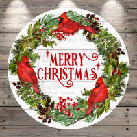 Cardinals, Christmas Foliage Wreath, Merry Christmas, Round, Light Weight, Metal, Wreath Sign, No Holes In Sign