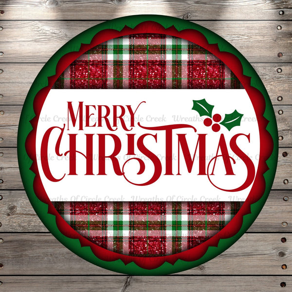 Merry Christmas, Plaid, Round, Light Weight, Metal Wreath Sign, No Holes