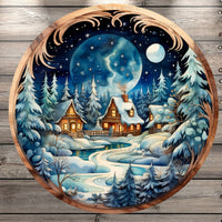 Welcome, Winter Wonderland Cabins, Full Moon, Woodland, Round, Light Weight, Metal Wreath Sign, No Holes