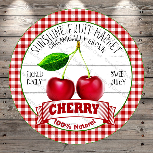 Cherries, Fruit Market, Red And White Plaid, Round, Light Weight, Metal, Wreath Sign, No Holes In Sign