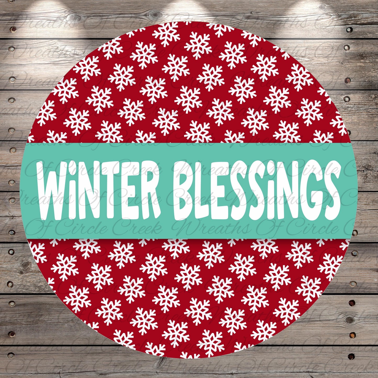 A circular design with a red background and a repeating pattern of white snowflakes. The text "Winter Blessings" is written in white across the center of the design.