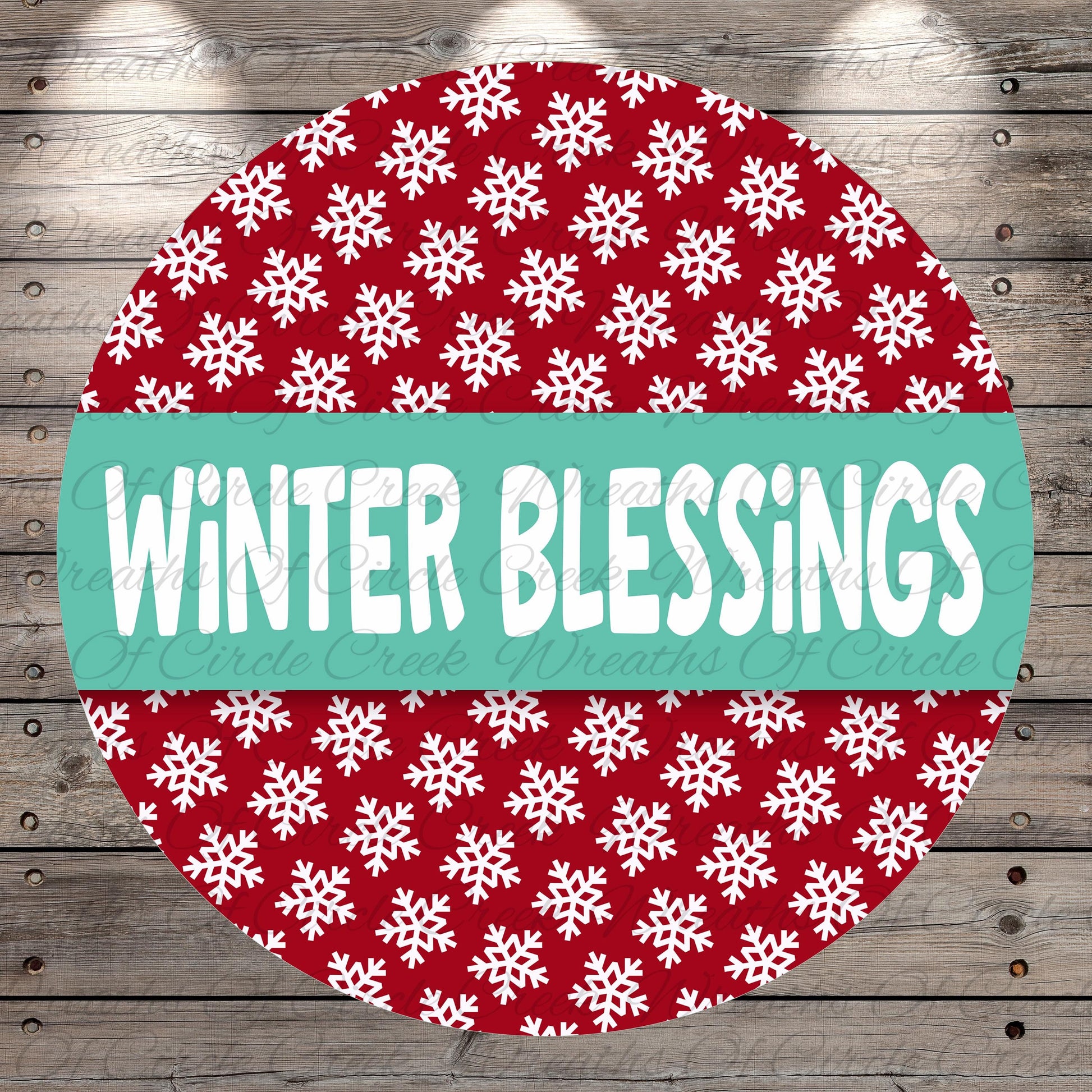 A circular design with a red background and a repeating pattern of white snowflakes. The text "Winter Blessings" is written in white across the center of the design.