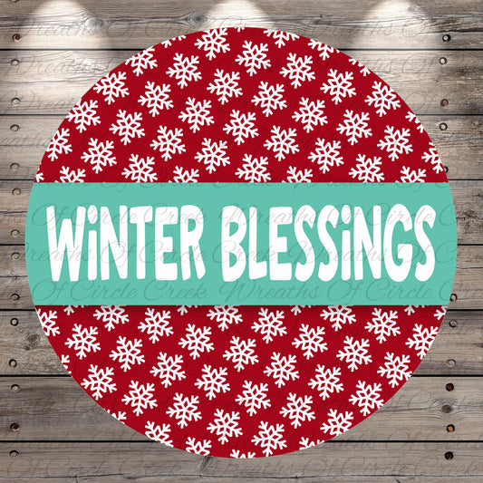 A circular design with a red background and a repeating pattern of white snowflakes. The text "Winter Blessings" is written in white across the center of the design.