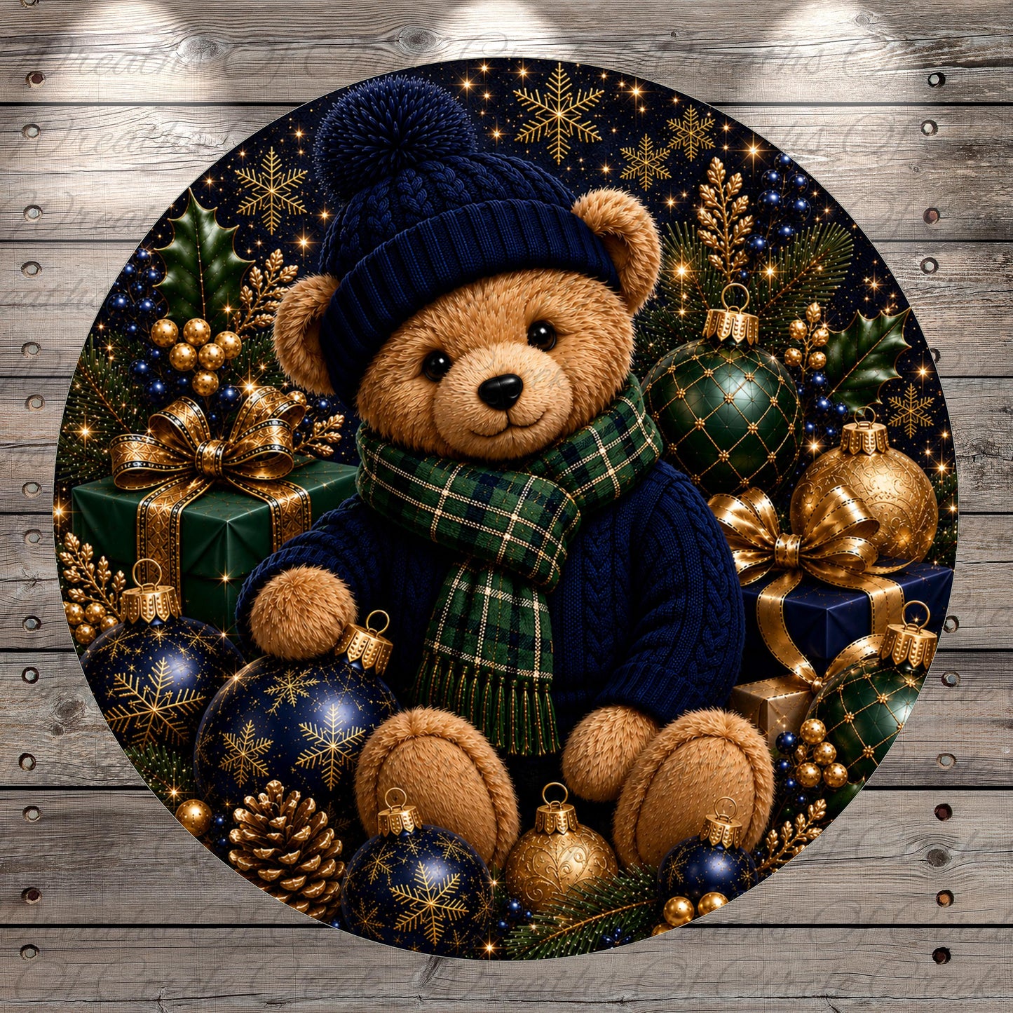 A teddy bear wearing a blue hat and scarf sits amidst a festive arrangement of Christmas ornaments, presents, and pine cones.