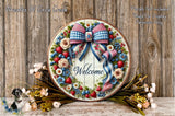 a picture of a welcome sign with flowers and a dog