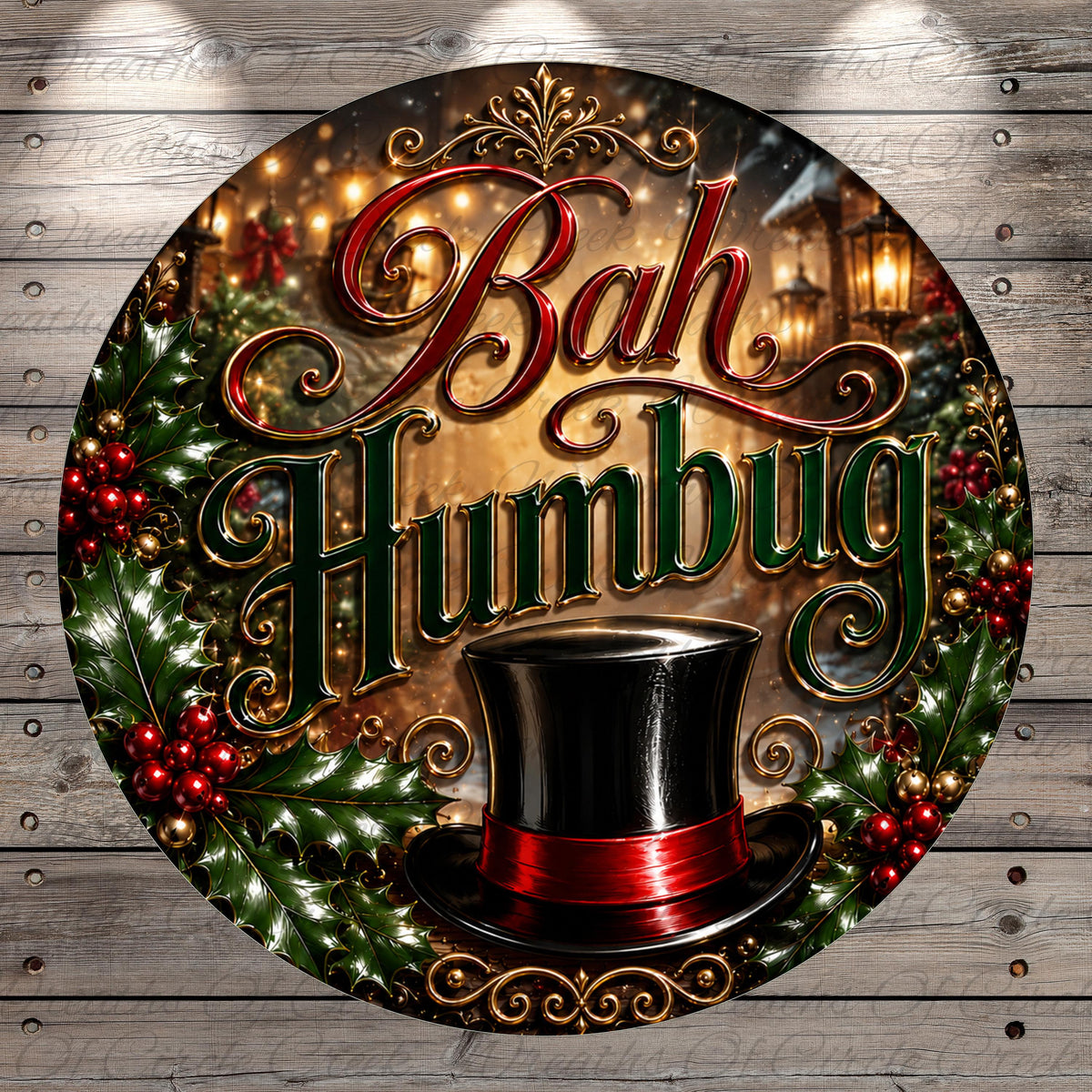 a festive holiday-themed design with a large circular shape, surrounded by a wreath of holly leaves and berries. The text "Bah Humbug" is prominently displayed in a decorative font, and a black top hat is placed in the center of the design.