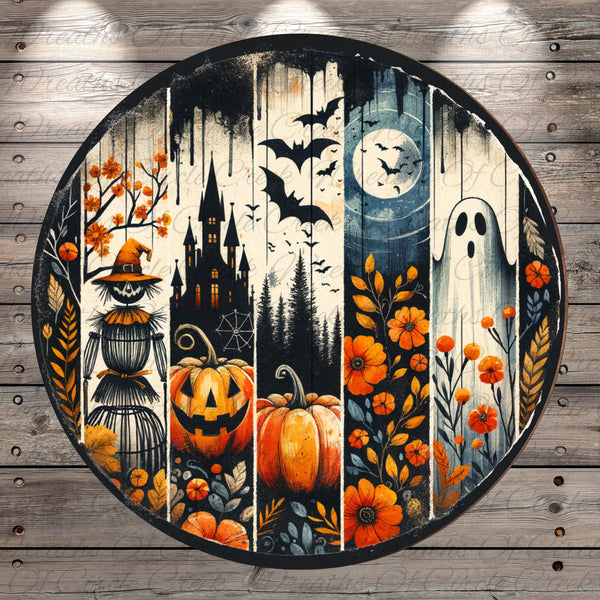 A circular wall hanging featuring a Halloween-themed design with various elements such as a castle, bats, a ghost, pumpkins, flowers, and a full moon.