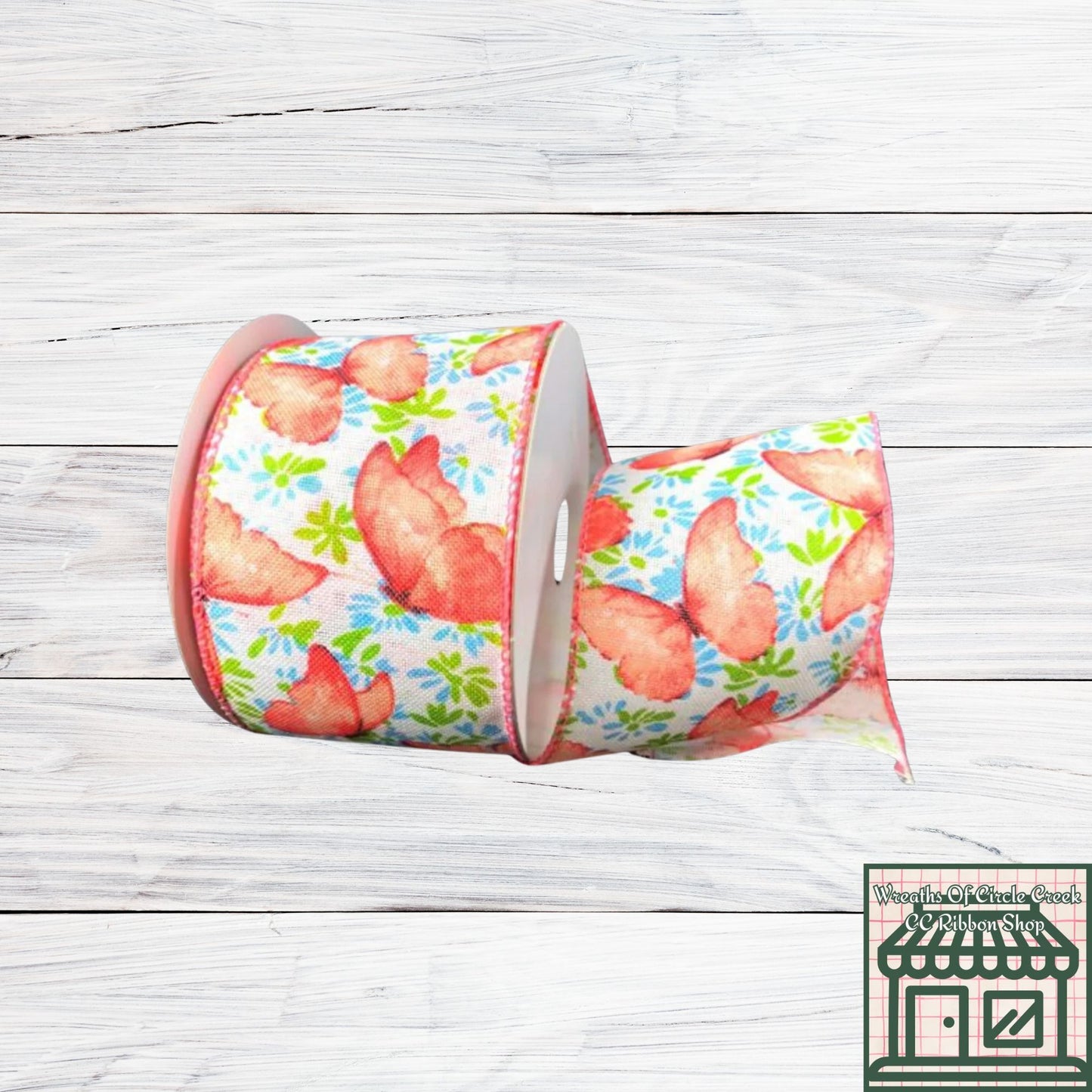Watercolor Butterflies, Coral, Wired Ribbon, 2.5" x 10 Yards, 41023-40-46