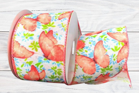 Watercolor Butterflies, Coral, Wired Ribbon, 2.5" x 10 Yards, 41023-40-46