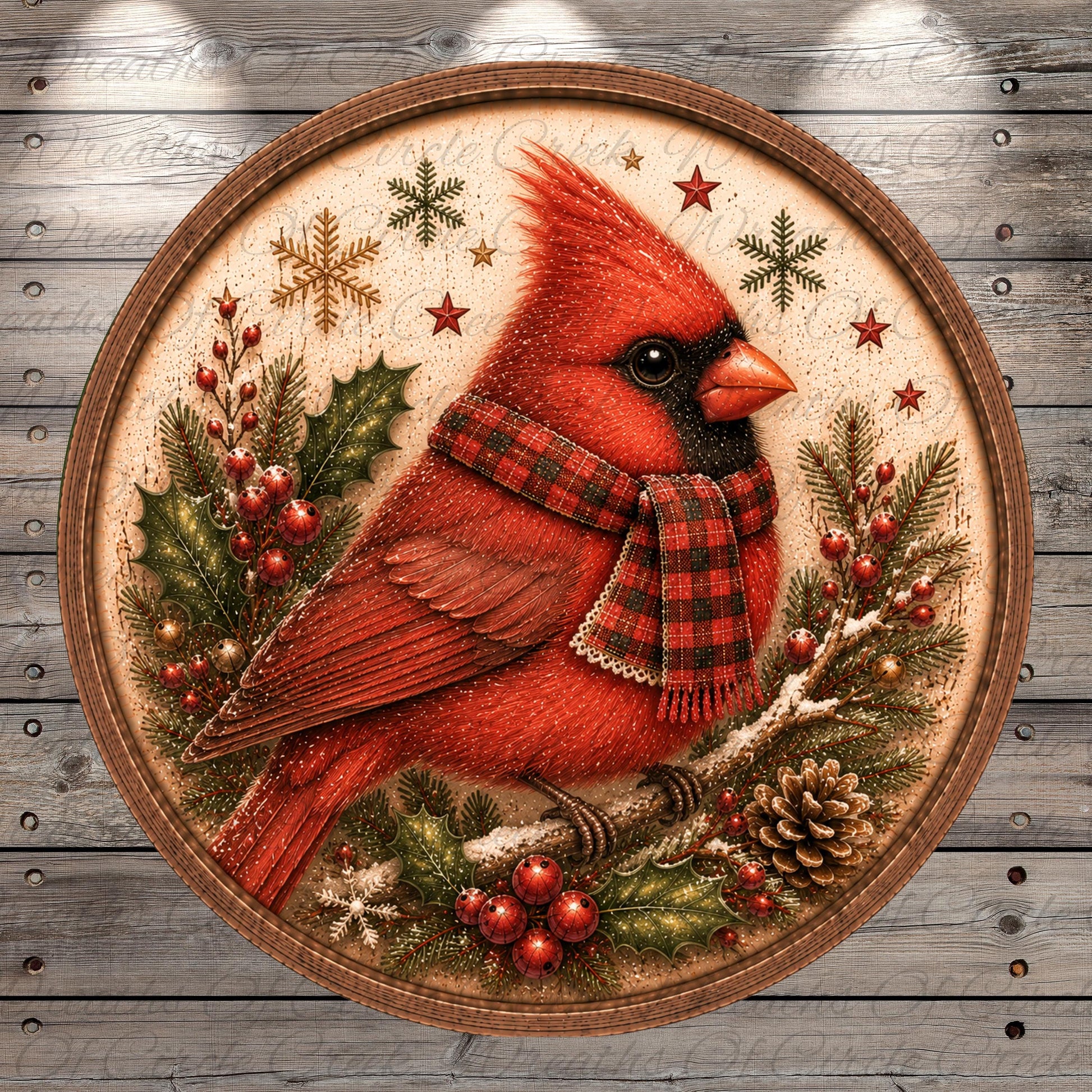 A red cardinal bird wearing a plaid scarf is perched on a branch adorned with berries, pine cones, and holly leaves, surrounded by snowflakes and stars.