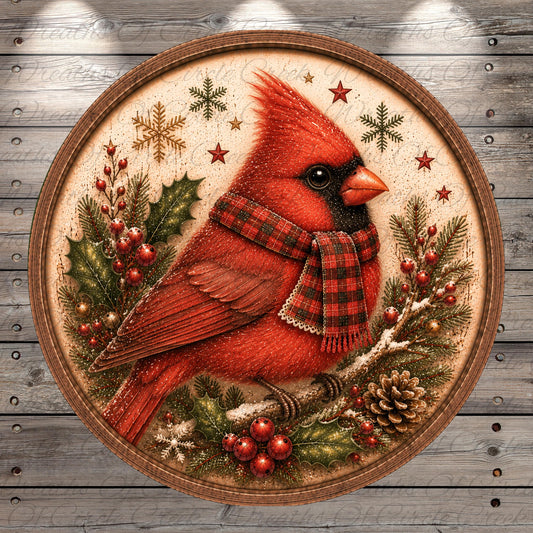 A red cardinal bird wearing a plaid scarf is perched on a branch adorned with berries, pine cones, and holly leaves, surrounded by snowflakes and stars.