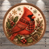 A red cardinal bird wearing a plaid scarf is perched on a branch adorned with berries, pine cones, and holly leaves, surrounded by snowflakes and stars.