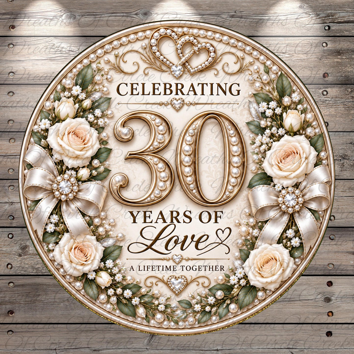 The image is a decorative sign celebrating a 30th anniversary, featuring a floral wreath, pearls, and a ribbon.