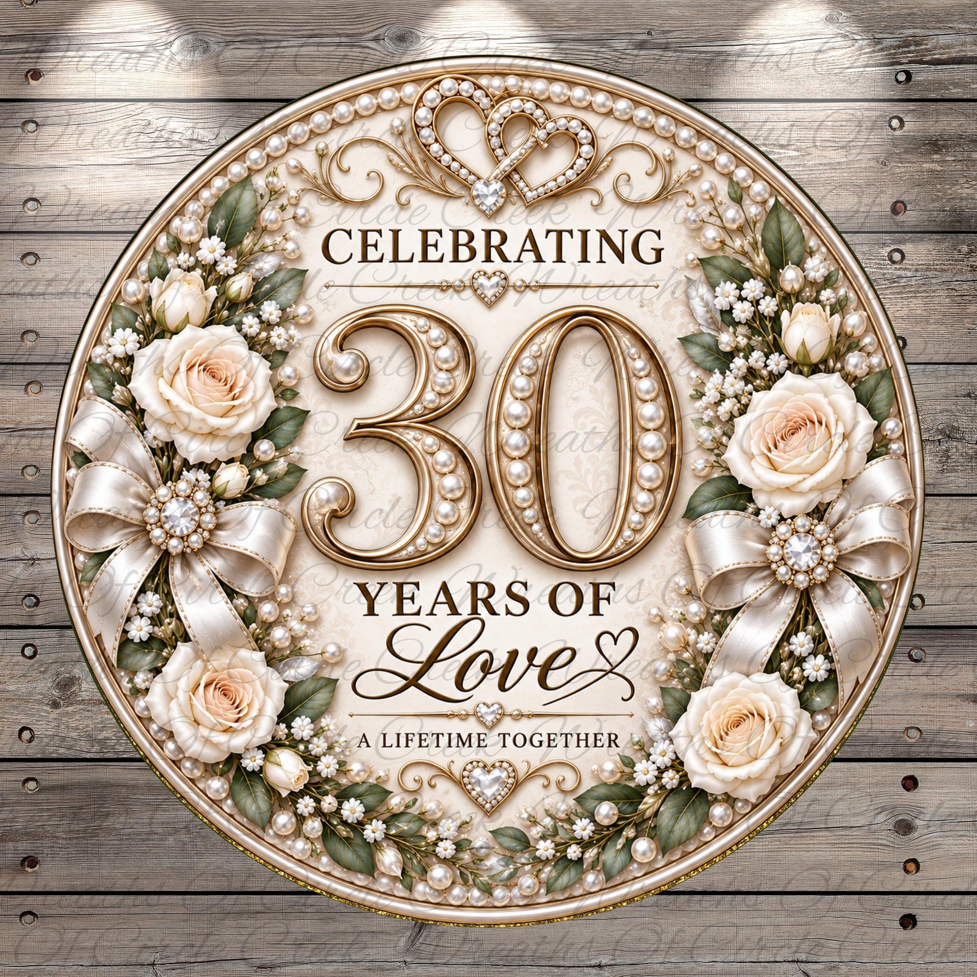 The image is a decorative sign celebrating a 30th anniversary, featuring a floral wreath, pearls, and a ribbon.