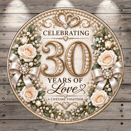The image is a decorative sign celebrating a 30th anniversary, featuring a floral wreath, pearls, and a ribbon.