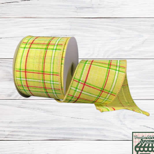 Plaid Wired Ribbon, Yellow, Lime, Fuchsia, White 2.5" X 10 YD, 41239-40-02