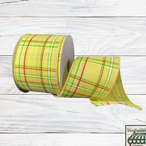 Plaid Wired Ribbon, Yellow, Lime, Fuchsia, White 2.5" X 10 YD, 41239-40-02