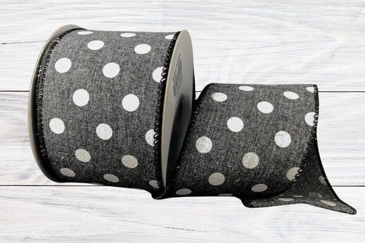 Linen Polka Dot, Black, Charcoal Grey, White, Wired Ribbon, 2.5" x 10 Yards, 41243-40-21