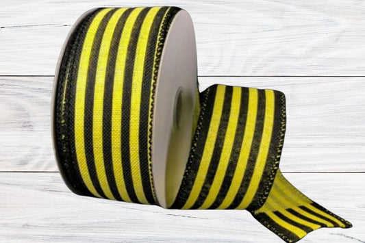 Linen Cabana Stripes, Yellow & Black, Wired Ribbon, 1.5" x 10 Yards, 41255-09-49