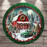 A festive Christmas scene featuring a red barn, a snowman, a green truck, and a wreath, all set against a snowy landscape with a full moon and pine trees.