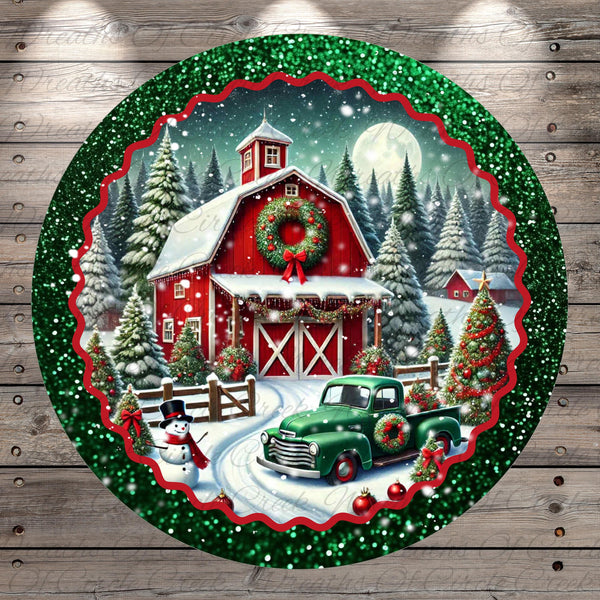 A festive Christmas scene featuring a red barn, a snowman, a green truck, and a wreath, all set against a snowy landscape with a full moon and pine trees.
