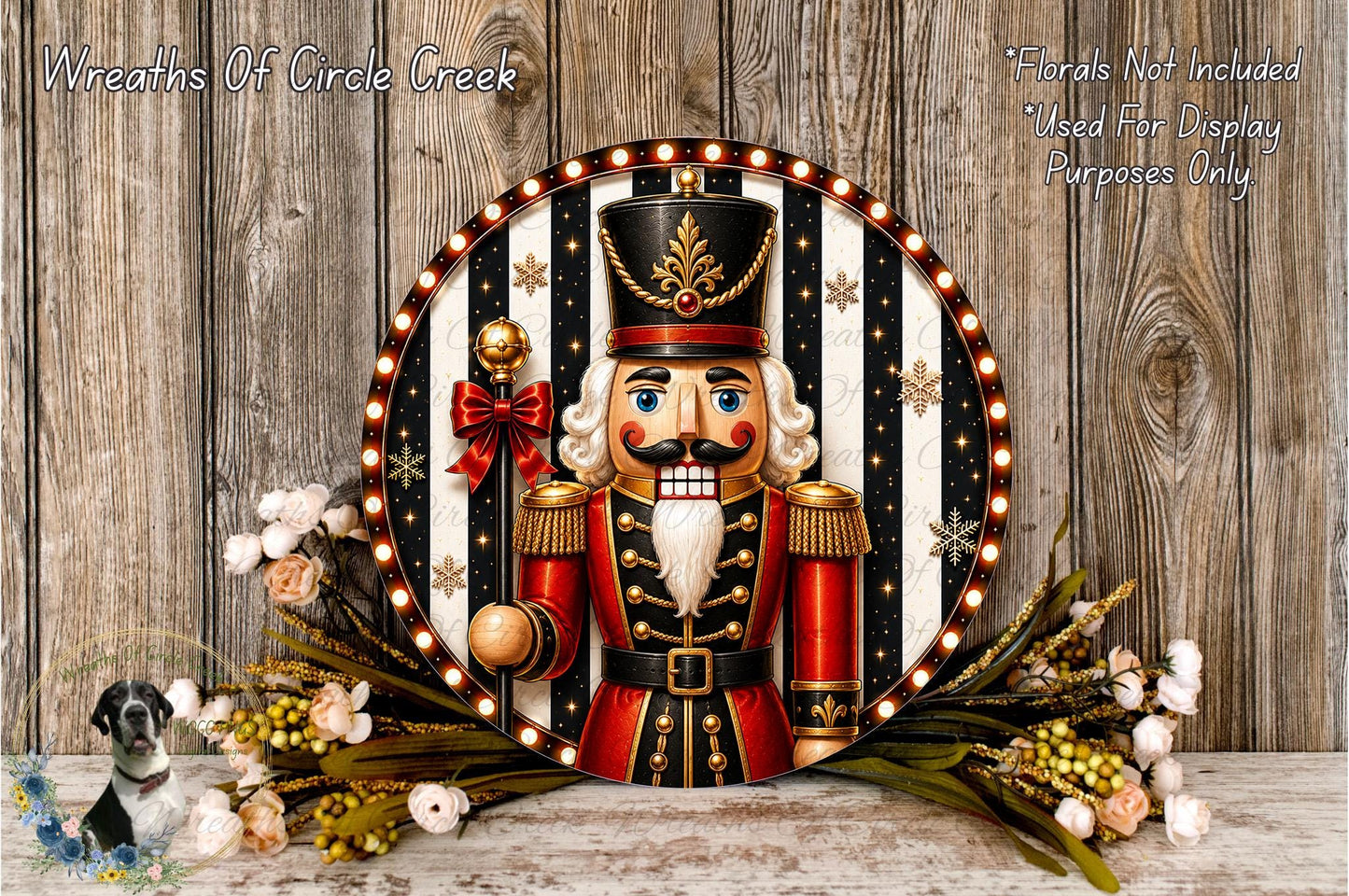 A nutcracker figure surrounded by a decorative wreath and flowers, with a wooden background.
