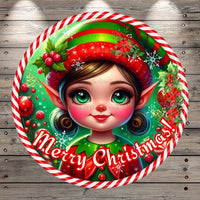 Girl Elf, Merry Christmas, Classic, Retro, Candy Canes, Red, Green, Round, Light Weight, Metal ,Wreath Sign, No Holes In Sign