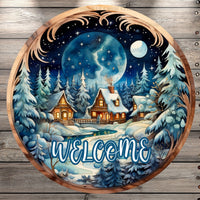 Welcome, Winter Wonderland Cabins, Full Moon, Woodland, Round, Light Weight, Metal Wreath Sign, No Holes