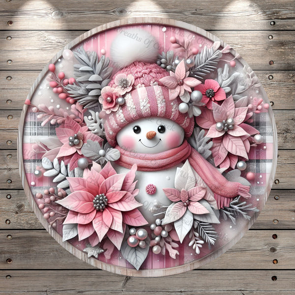 Snowman, Pink, Poinsettias, Faux 3D, Winter, Round, Light Weight, Metal, Wreath Sign, No Holes In Sign