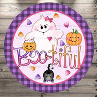 Bootiful Ghost, Halloween, Purple Plaid Border, Round UV Coated, Metal Sign, No Holes